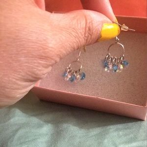 Swarovski Crystal Hand-made Blue White Dangler Hoop Earrings. Childrens blings